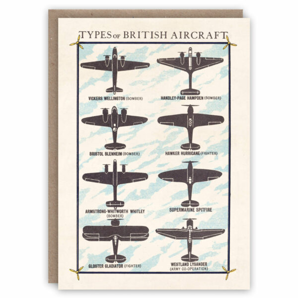 Greeting card illustrating different types of British ww2 bombers and fighter planes