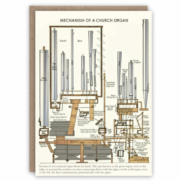 Greeting card illustrating how a church organ works