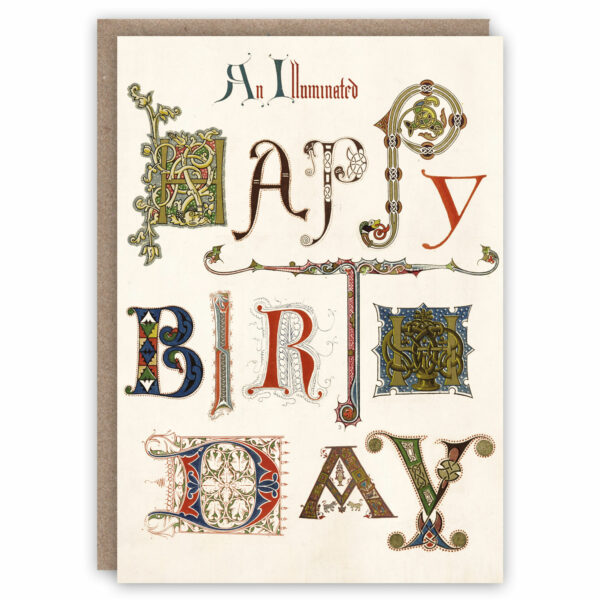 Greeting card with illuminated letters spelling happy birthday