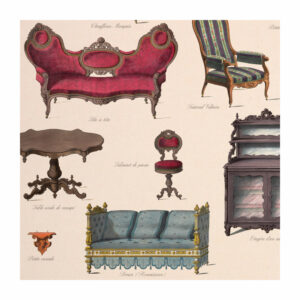 Detail from wrapping paper featuring a collage of antique French furniture