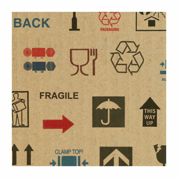 Detail from wrapping paper with pattern made from international packaging symbols